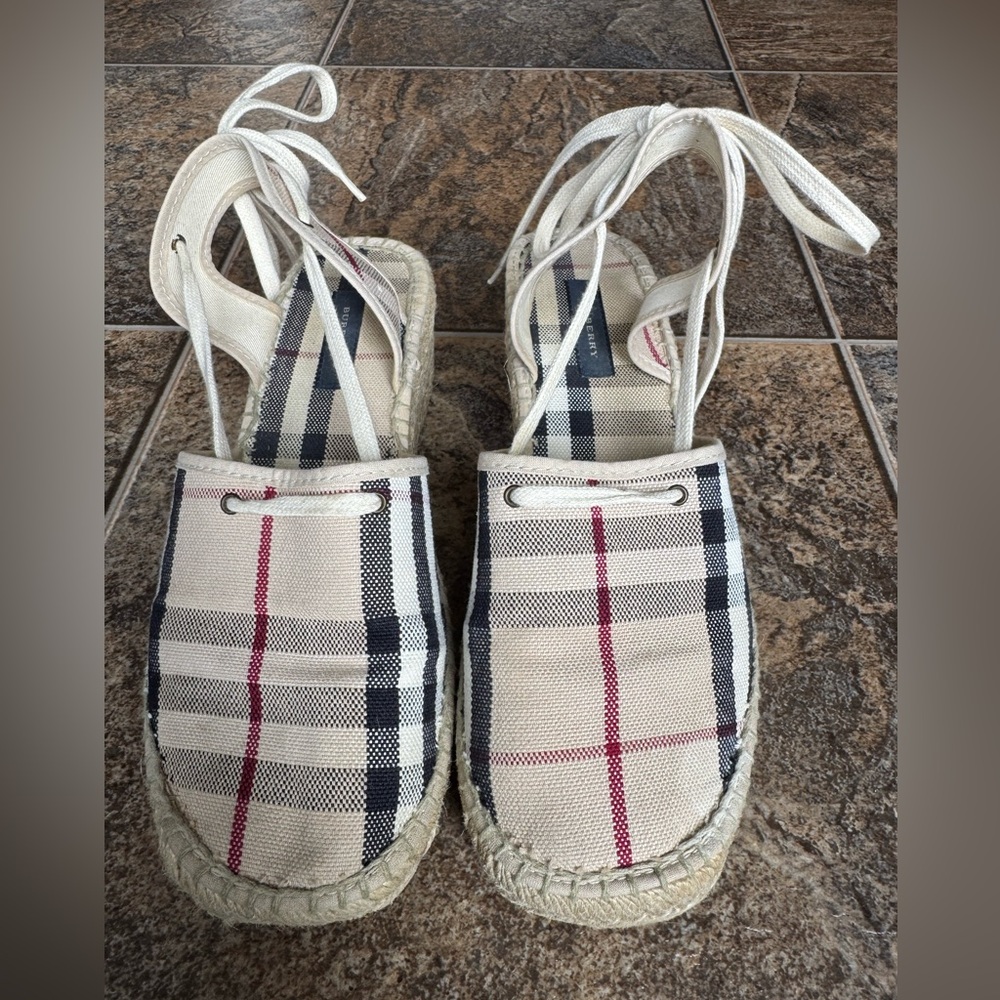 Burberry Nova Check Canvas Tie Slingback Espadrille Wedge Sandals Women’s 38/8